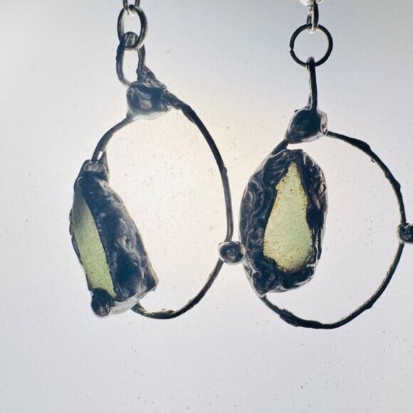Natural Moldavite & Sterling 925 Boho Metalwork Earrings - Picture 9 of 17